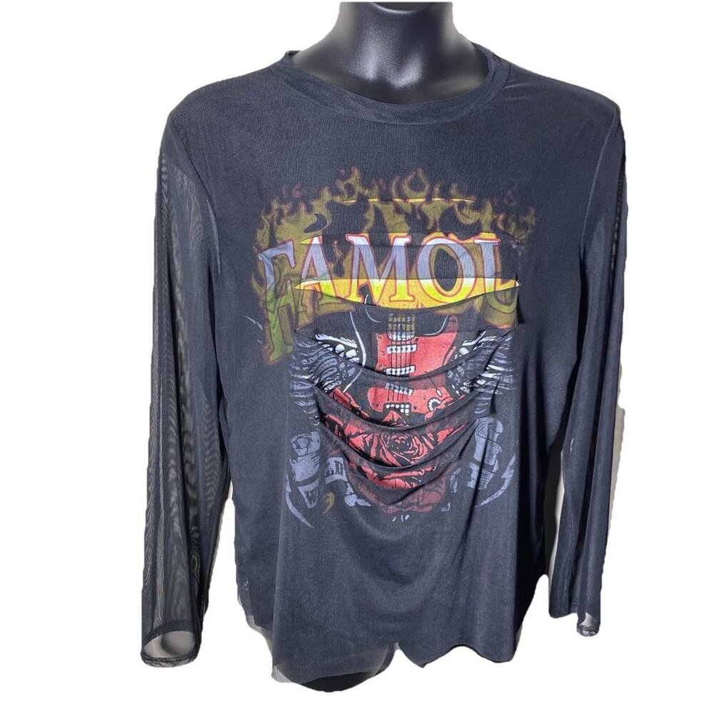 Famous 1960 Black Sheer Mesh Sz 3X Long Sleeve Slash Shirt Rocker Grunge Guitar